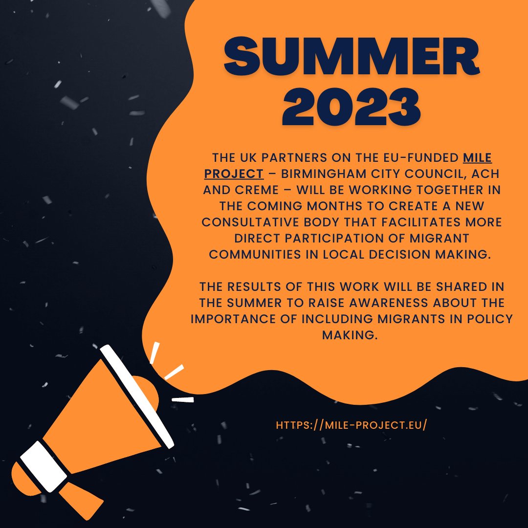 📢 | As part of the <a href="/project_MILE/">MILE project</a>, <a href="/BhamCityCouncil/">Bham City Council</a> <a href="/ACHintegrates/">ACH 🧡</a> &amp; <a href="/CREMEatAston/">CREME</a> are collaborating to bring you a pioneering event in the coming months to raise awareness about the importance of including migrants in local decision-making. 

Watch this space! 👀