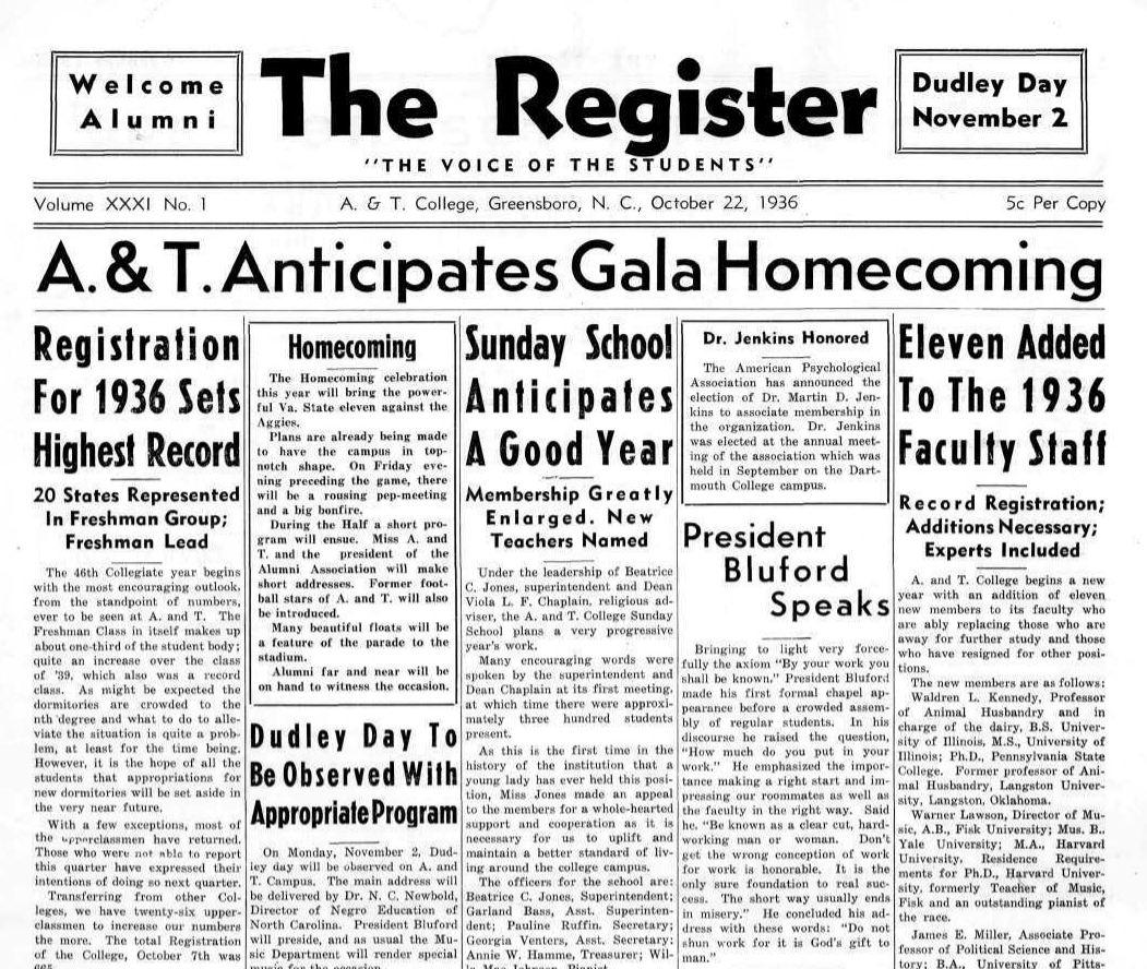 blufordlibrary's tweet photo. The front page of @TheATRegister advertising homecoming in 1936.
#AggiePride #AggiesInTheArchives #BlufordLibrary #NCAT #GreatestHomecomingOnEarth
@NCAT_FSE @ncatsuaggies @NCATNSP @NCAT_OSA @ncatolce @NCATalumni @NCATGiving @ncatsuab @NCATResearch https://t.co/qxGAqRKFWw