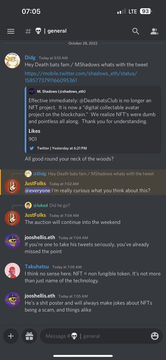 dJoshware's tweet photo. @shadows_eth @pblomgren @DeathbatsClub Scaring people in other servers. What an influence you are🙃📉 https://t.co/i8Pa7nWU7u