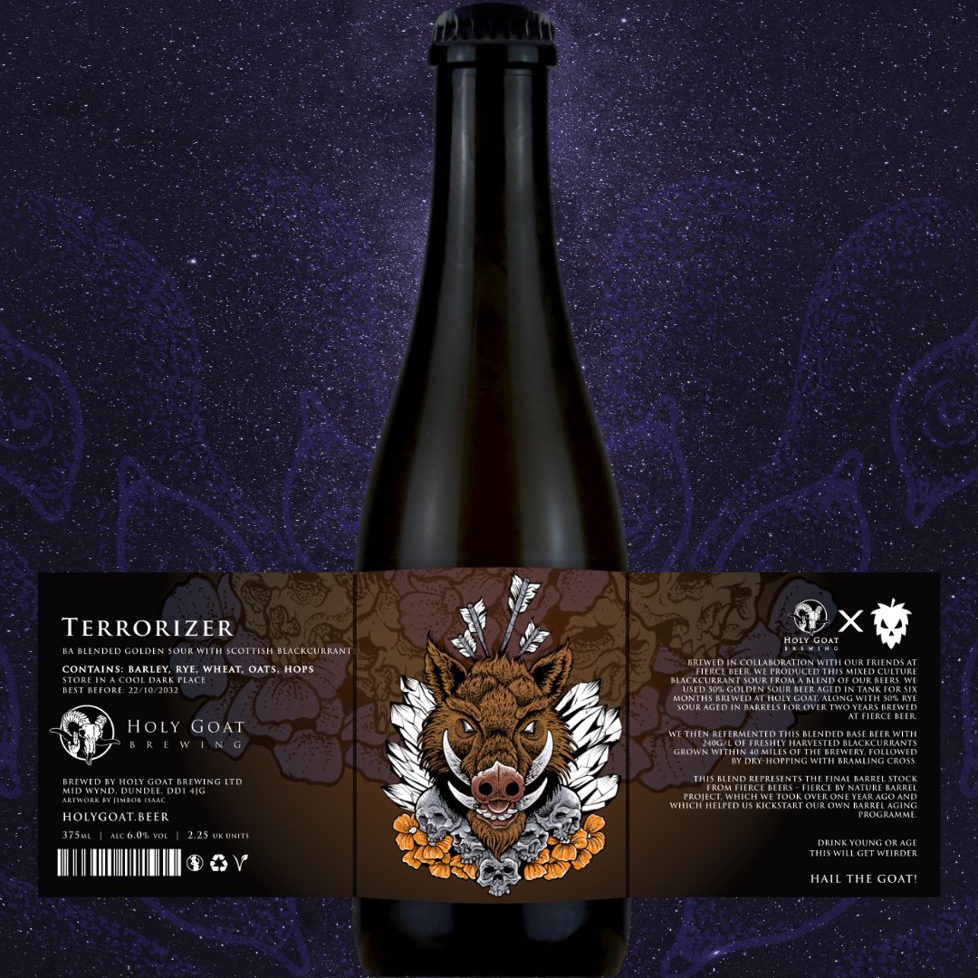 Holy Goat X Fierce - Terrorizer - 6.0%
BA Blended Golden Sour with Scottish Blackcurrants  

The third of three new releases available from today at 5pm..

#HolyGoatBrewing #Holygoat #Hailthegoat