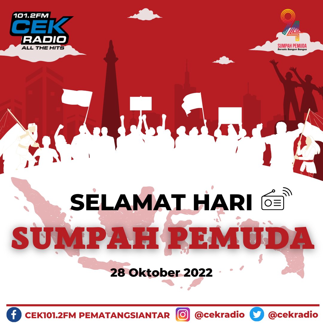 cekradio's tweet photo. Hallo rekan mudaa..
Hari ini merupakan merupakan peringatan ke 94 Tahun Sumpah Pemuda,
Dengan semangat pemuda/i dimasalalu mari Kobarkan semangat juang para pemuda untuk persatuan Indonesia.
Selamat Hari Sumpah Pemuda

#Sumpahpemuda2022 
#RekanMuda https://t.co/XdJoEVo0Qi