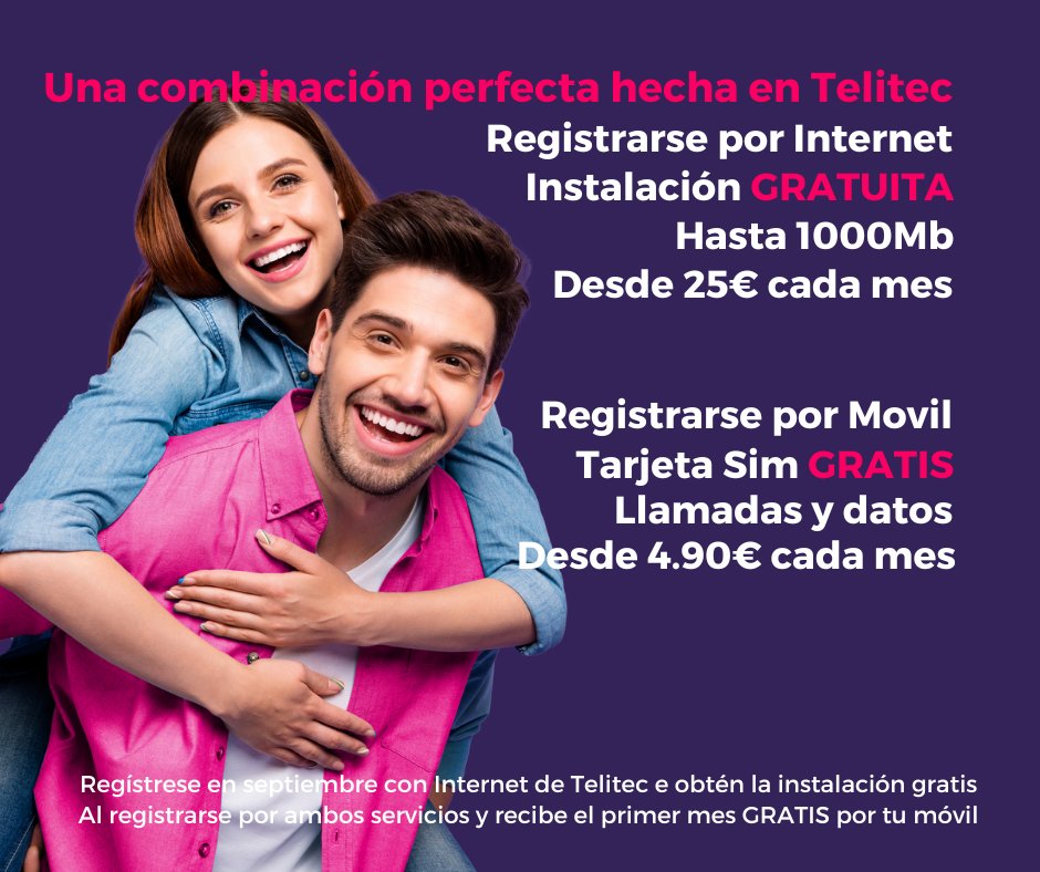 TelitecComms's tweet photo. Oferta ampliada hasta el 31 de octubre
Una combinación perfecta hecha en Telitec
Regístrese en Internet y reciba una instalación gratuita
https://t.co/n5VkSrMCF3
#instalacióngratuita #tarjeta sim #juntos #mejorjuntos #fibra #móviles #TV #internet https://t.co/WsRfkJBkGI