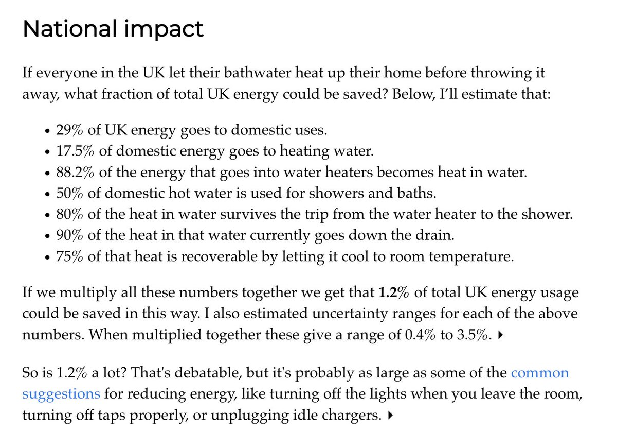 If everyone in the UK let their left-over bath and shower water to heat their homes instead of draining it it could save 1.2% of total UK energy usage. Cool! dynomight.net/hot-water/?utm…