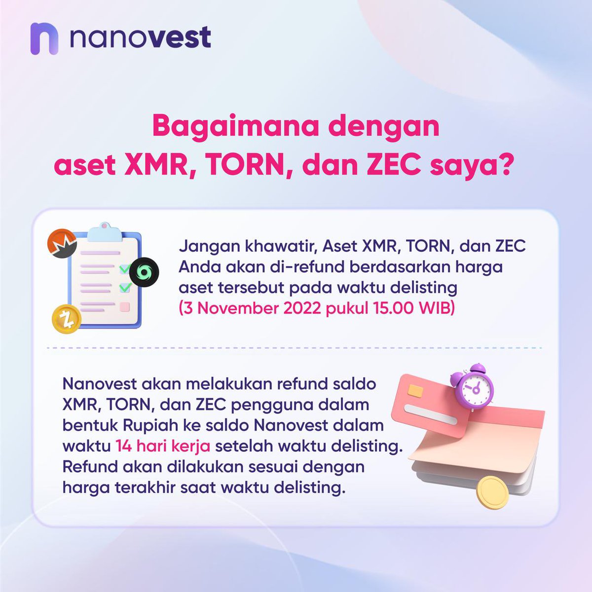 Nah, ada beberapa info penting juga buat para #NanoSquad perhatiin sebagai pemilik kripto XMR, TORN, dan ZEC. 
Untuk lebih lengkapnya, check this out!👇🏻 

SALAM CUAN #Nanosquad 💸 

#BisaSamaNano