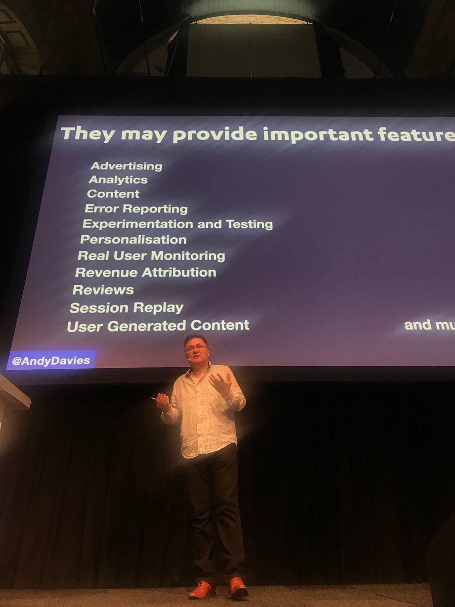 tameverts's tweet photo. We may not like third-party tags, but they do important things. And they provide functionality we don’t want to build ourselves.
@AndyDavies #perfnow #webperf #perfnowconf https://t.co/6ksTU0aTWR