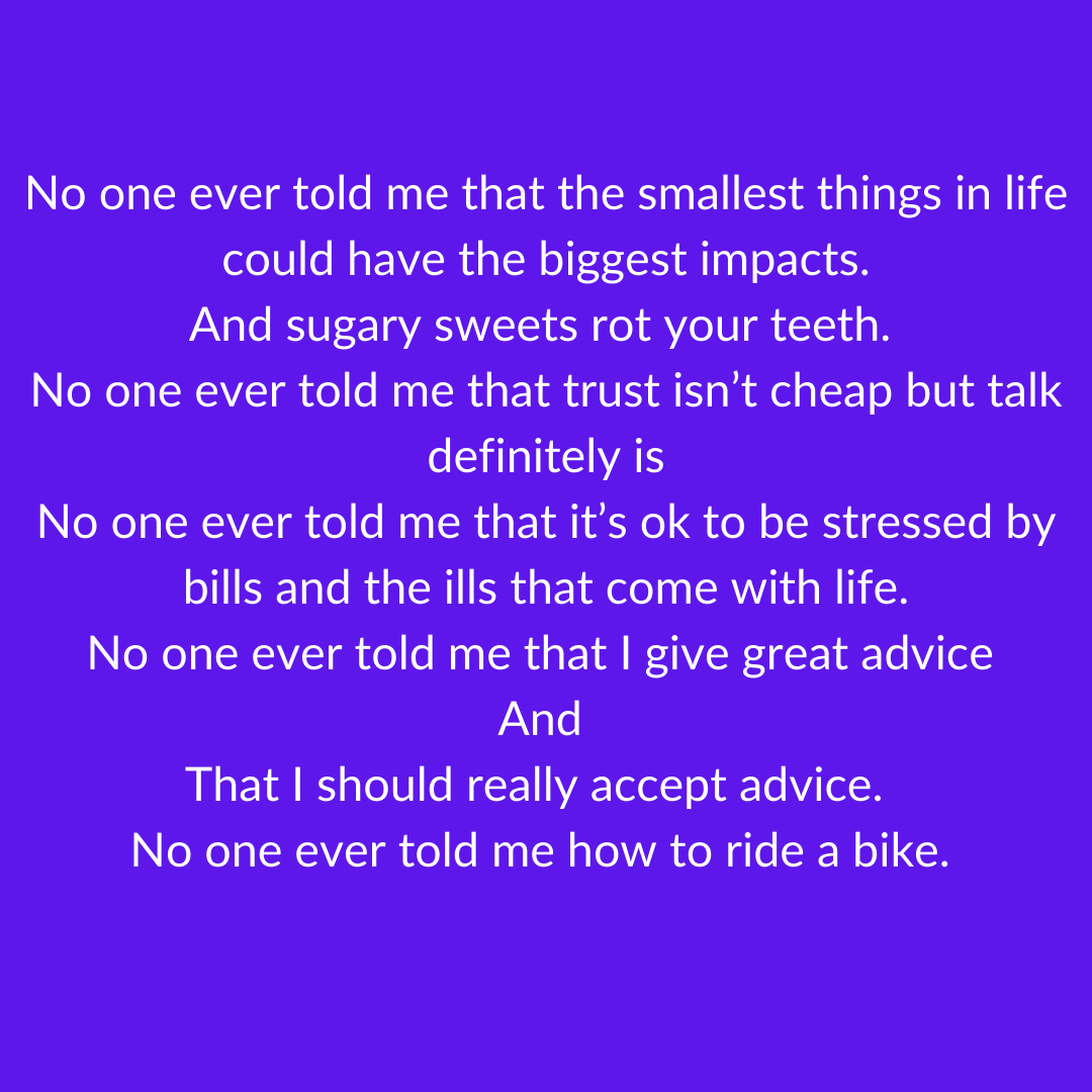 movingonbrum's tweet photo. And here's a poem we made together way back in the first session in Jan 2021! 

No One Ever Told Me started out as a discussion about things we wish we'd known growing up. Then our very own @thaughtonpoetry took those words to make this piece...
#MovingOn https://t.co/PNrRgUH0LE