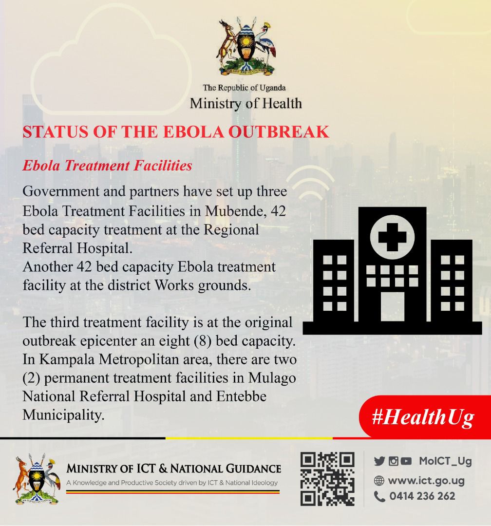 In order to curb & fight the #EbolaOutbreakUG ,@GovUganda under @MinofHealthUG has set up 3 Ebola Facilities in Mubende. * 42 bed capacity treatment at Regional , at the district grounds & at the original outbreak epicenter. #HealthUG @MoICT_Ug @azawedde