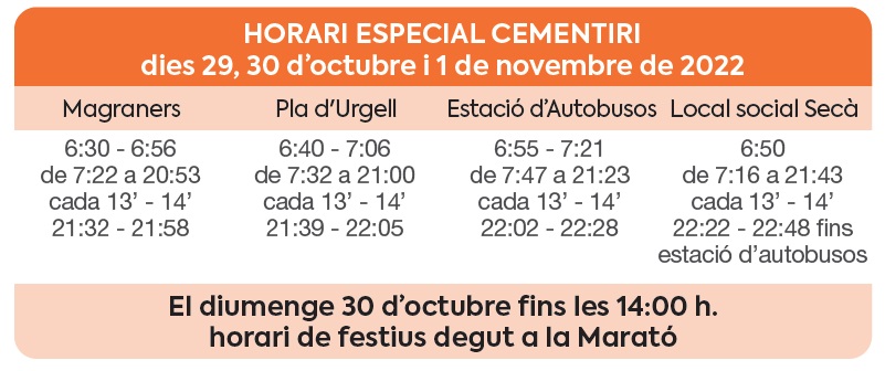 Horaris especials Cementiri 2022
Autobusos de Lleida linia 7
#Moventis_AutobusosdeLleida