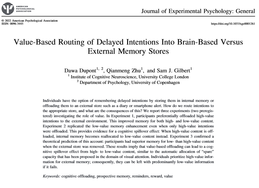 Interested in how using external reminders, such as a smartphone diary, can help improve your memory? Read this new publication from one of our PhD students @DawaDupont and colleagues from @UCLBrainScience: doi.org/10.1037/xge000…