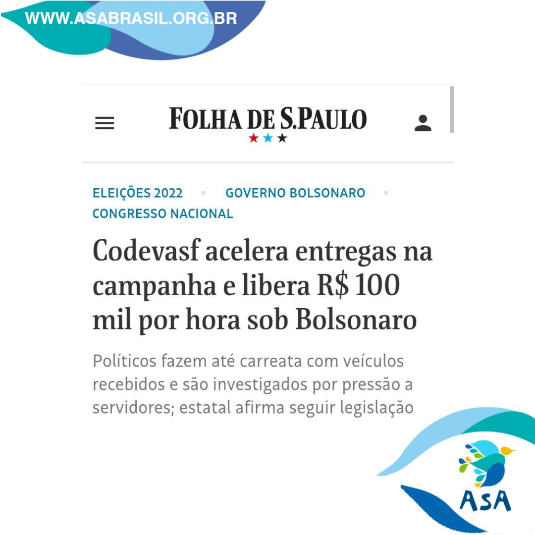 A mídia segue pautando a politicagem em evidência no governo Bolsonaro. O Semiárido segue pagando o preço de não contar com o Programa Cisternas, enquanto 350 mil famílias ainda carecem da tecnologia. 
Veja  matéria da Folha de São Paulo: bityli.com/UqXxdixZ
