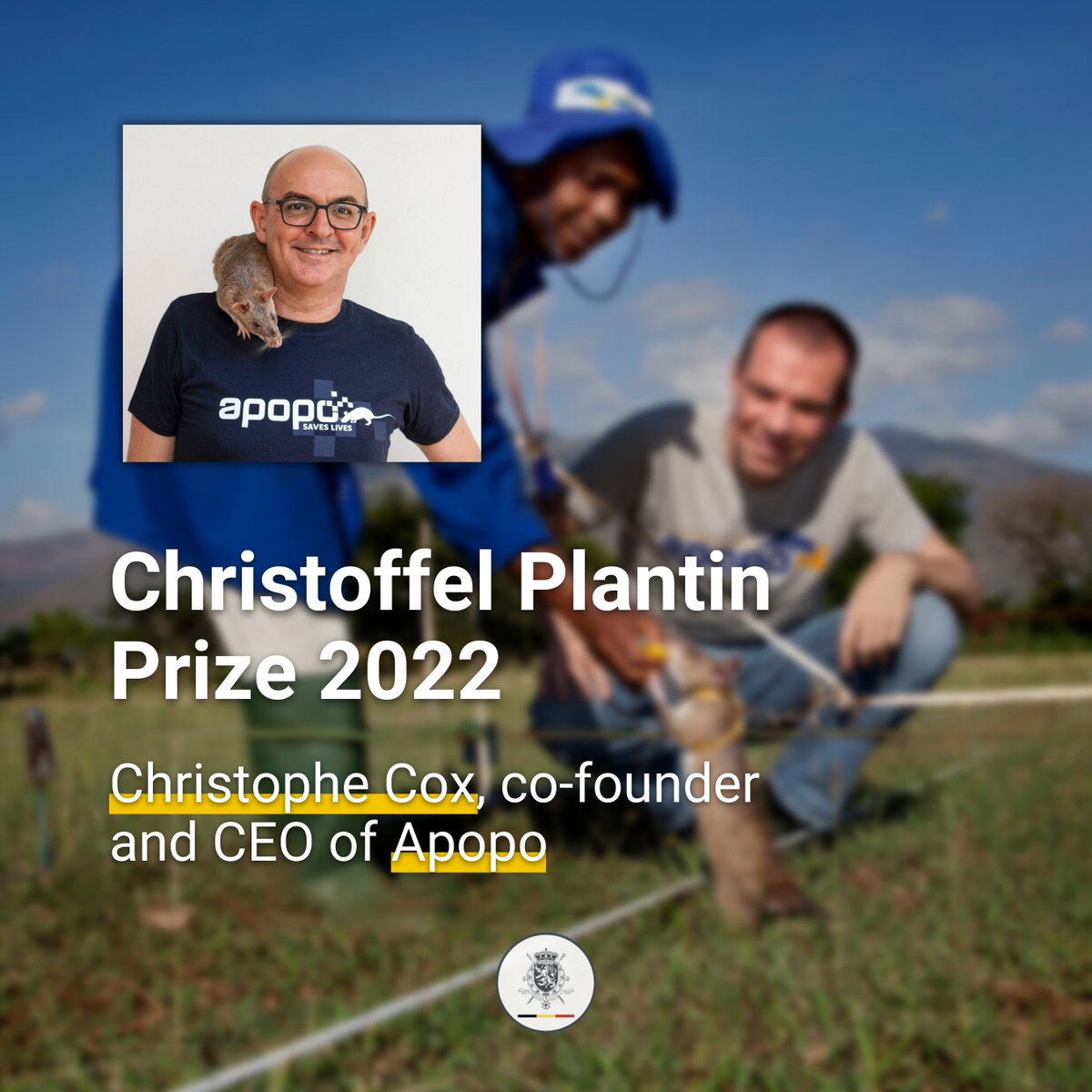 👏 Congratulations to Apopo, whose Belgian CEO Christophe Cox, received the Christoffel Plantin Prize 2022 for his contribution to the prestige of our country abroad! @HeroRATs trains rats to detect landmines, making a substantial contribution to the fight against these weapons.