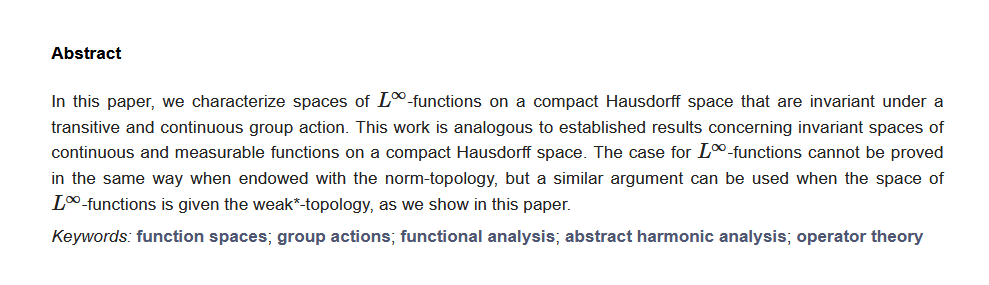 Axioms_MDPI's tweet photo. Latest #Article by Samuel A. Hokamp.
"Spaces of Bounded Measurable Functions Invariant under a Group Action ". https://t.co/5f8pxhXPnh
More related papers are available at:https://t.co/aHt30FW3Lh
#function_spaces;#group_actions;#functional_analysis https://t.co/Hf5eVmcwi3