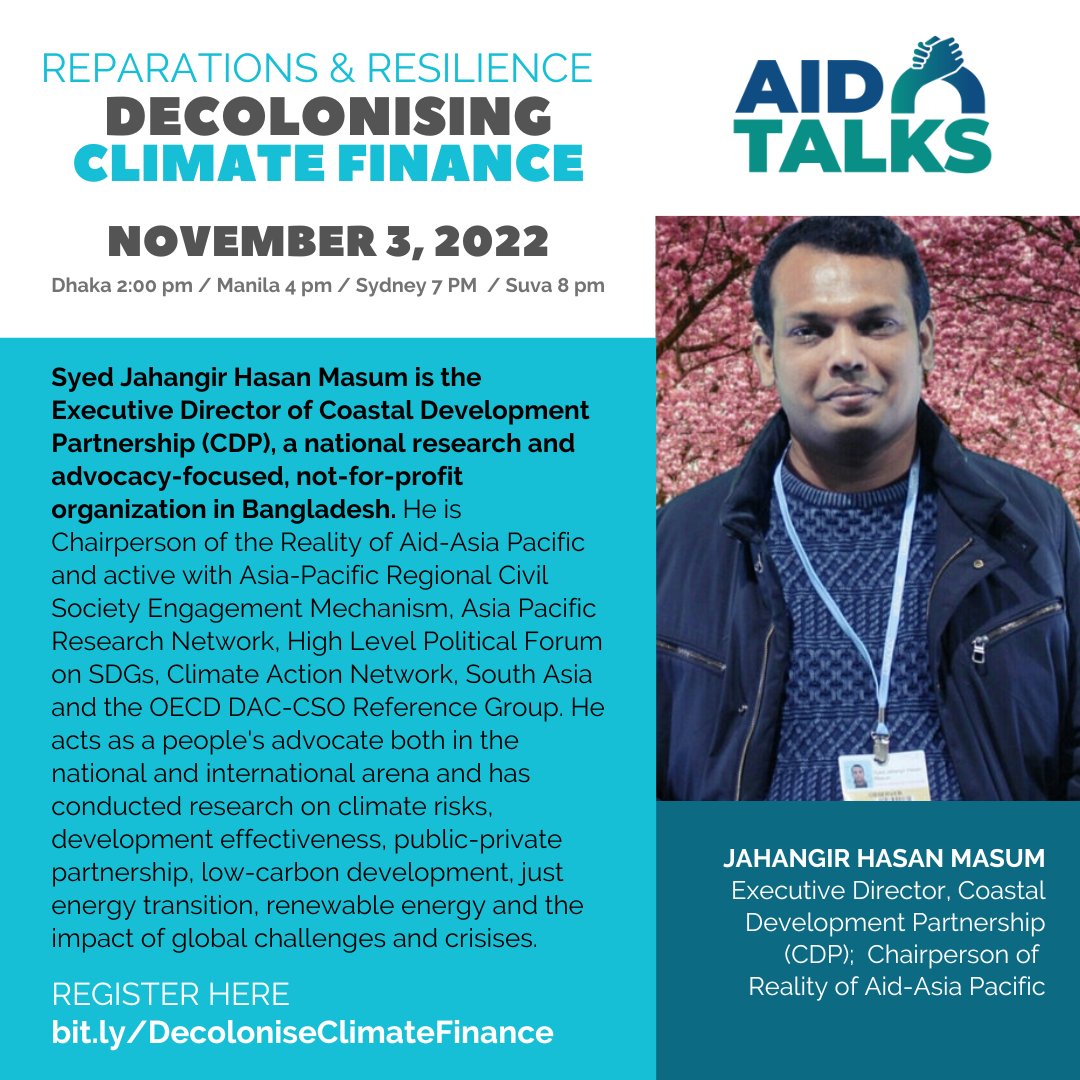 aidtalks's tweet image. ONE MORE WEEK!🥳

Meet our speakers for the fifth Aid Talks webinar:
👉 Mitzi Jonelle Tan, Convenor and International Spokesperson of @YACAPhilippines 
👉 Jahangir Hasan Masum, Executive Director of Coastal Development Partnership

📝 Register here: bit.ly/DecoloniseClim…