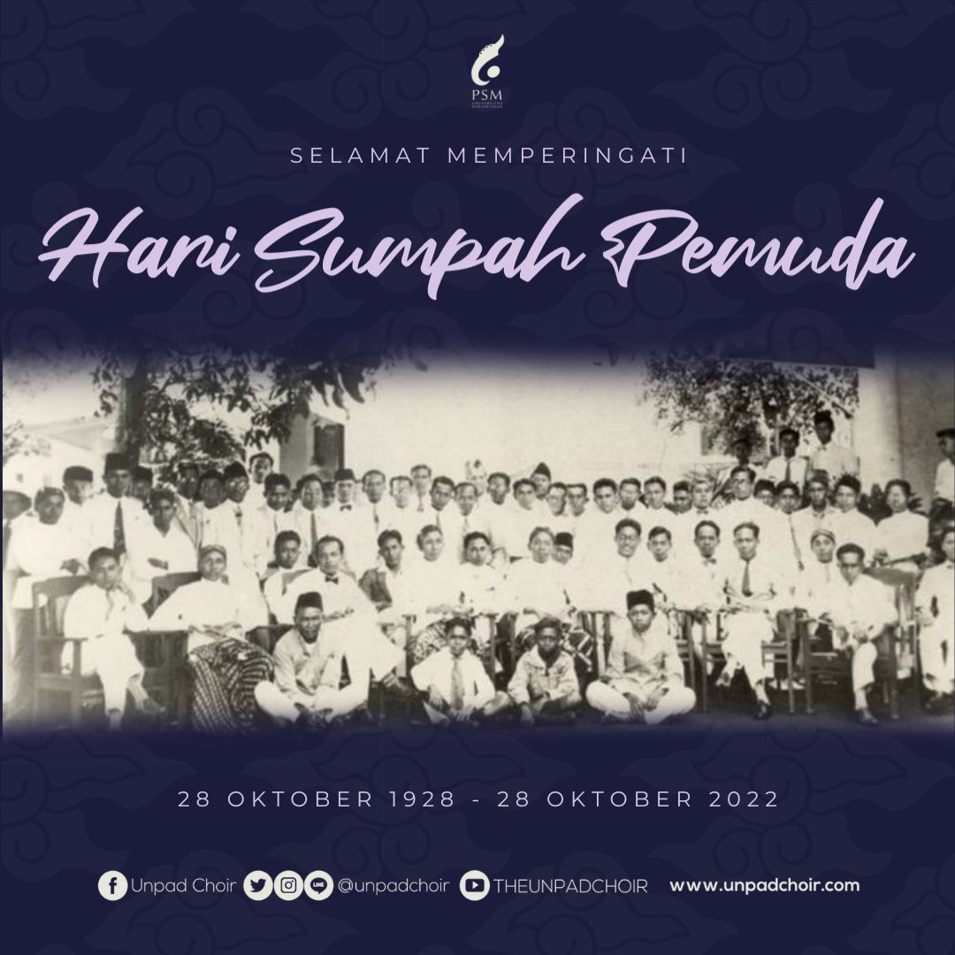 unpadchoir's tweet photo. Paduan Suara Mahasiswa Universitas Padjadjaran mengucapkan selamat memperingati Hari Sumpah Pemuda. Untuk para pemuda pemudi harapan bangsa Indonesia, mari bangkit dan tebarkan semangat baru bagi masa depan Indonesia!
#sumpahpemuda #psmunpad #unpadchoir #universitaspadjadjaran https://t.co/kFwH9c8Oc2