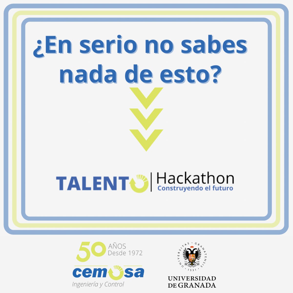 CemosaOficial's tweet photo. Nos encontramos en la última semana de inscripción al #HackathonTalentoCEMOSA ⌛️🧩
Os retamos a que os inscribáis para demostrar si tenéis el #TalentoCEMOSA
📅 8 de noviembre de 9:00 a 18:30
📍 Universidad de Granada, Campus de Fuentenueva (Planta – 3)
#50AñosCEMOSA #CEMOSA https://t.co/9amQNHgydO