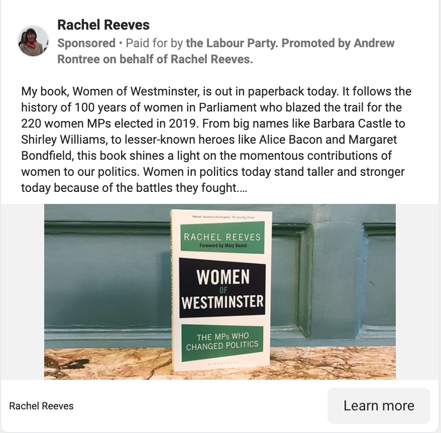 Good one this. Write a book and then get the Labour party to pay for its promotion of it on Facebook. Alright for some #rachelreeves #facebook #LabourParty