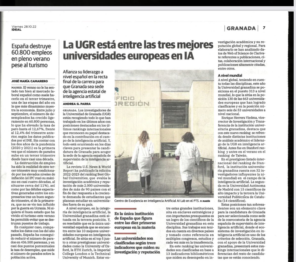 La UGR en el primer ranking internacional de IA US.News-Clarivate, Top3 en Europa. Un dato mas que avala la excelente candidatura para ser sede de la AESIA