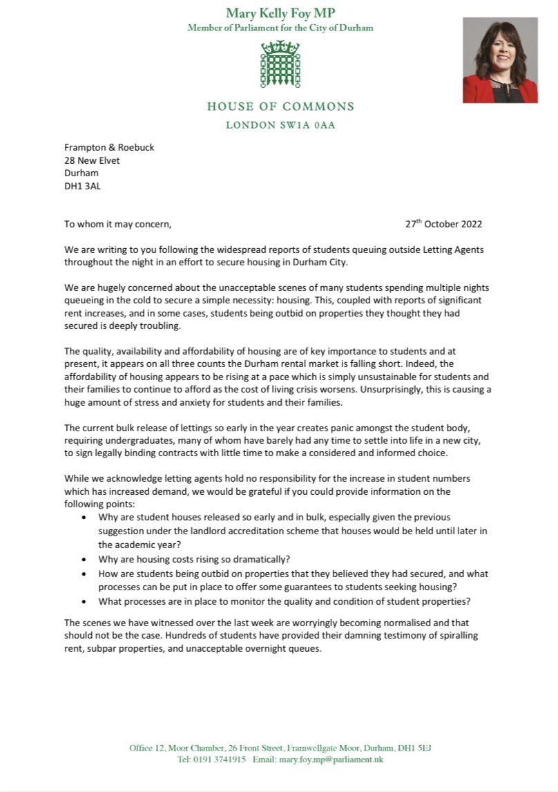 marykfoy's tweet photo. Durham is facing a housing crisis. Residents &amp; students are facing a shortage of affordable 🏠.

As a first step yday I wrote jointly with @durhamSU to 12 of the city’s estate agents about ludicrous scenes we’ve seen recently.

I meet VC of Uni today. Together we must solve this! https://t.co/cyaqHyjAKN