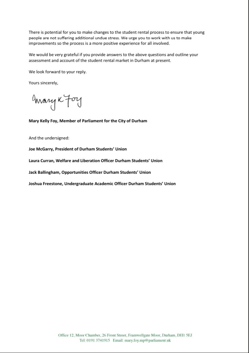 Durham is facing a housing crisis. Residents &amp; students are facing a shortage of affordable 🏠.

As a first step yday I wrote jointly with <a href="/durhamSU/">Durham SU</a> to 12 of the city’s estate agents about ludicrous scenes we’ve seen recently.

I meet VC of Uni today. Together we must solve this!