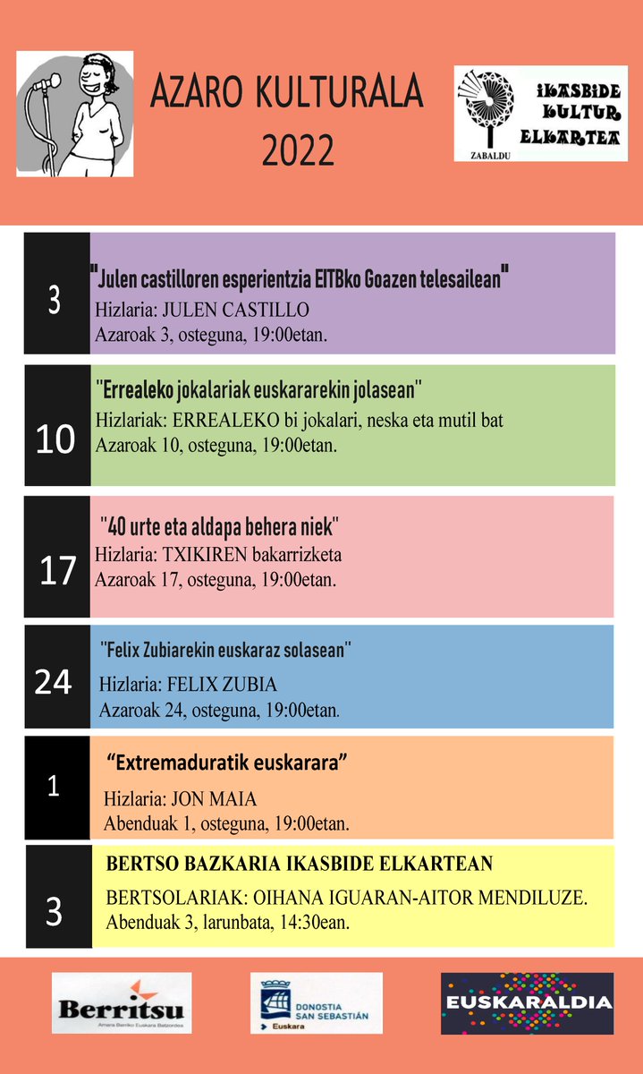 IKASBIDE Kultur Elkartea (@ikasbideelkarte) on Twitter photo Aurtengo Azaro Kulturaleko egitaraua prest. Animatu parte hartzera! 👇
<a href="/donostiakultura/">Donostia Kultura</a> <a href="/euskaraldia/">EUSKARALDIA</a> <a href="/AAVVAmaraBerri/">AAVV de Amara Berri</a> <a href="/Amara_Bai/">Amarako Auzo Elkartea - AMARABAI - AAVV</a> Aurtengo Azaro Kulturaleko egitaraua prest. Animatu parte hartzera! 👇
<a href="/donostiakultura/">Donostia Kultura</a> <a href="/euskaraldia/">EUSKARALDIA</a> <a href="/AAVVAmaraBerri/">AAVV de Amara Berri</a> <a href="/Amara_Bai/">Amarako Auzo Elkartea - AMARABAI - AAVV</a>