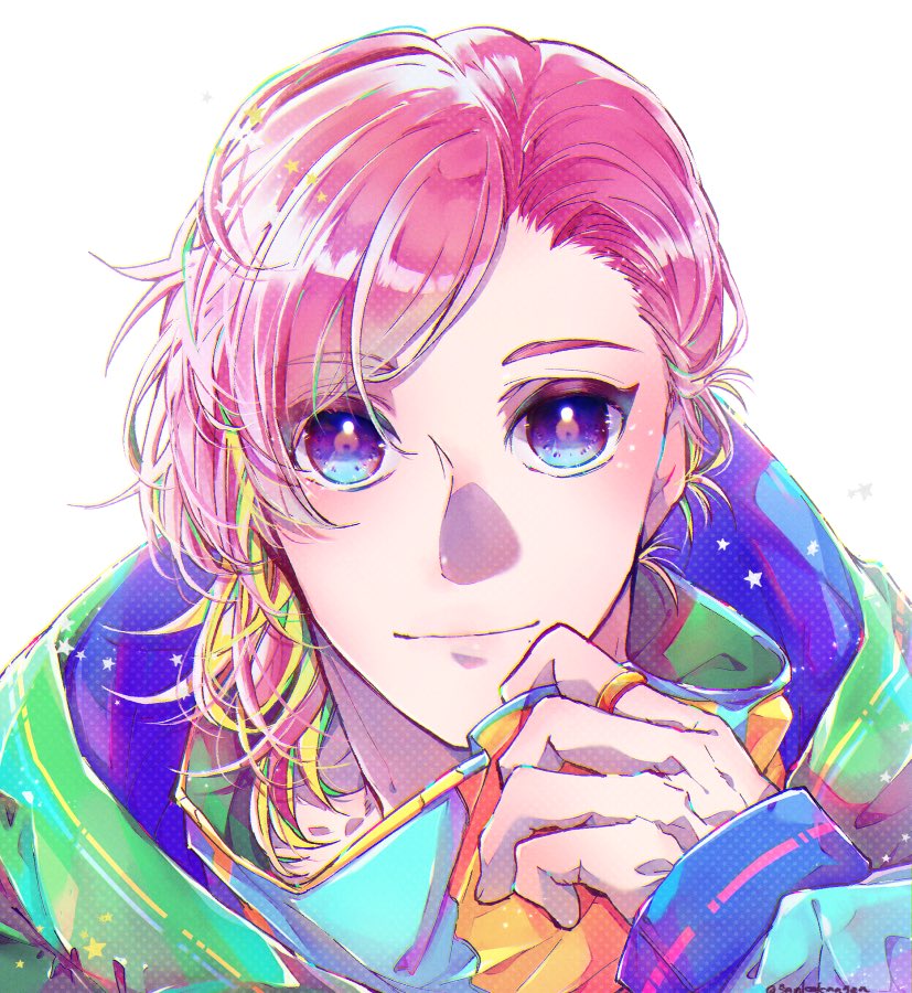 1boy male focus solo pink hair blue eyes white background smile  illustration images