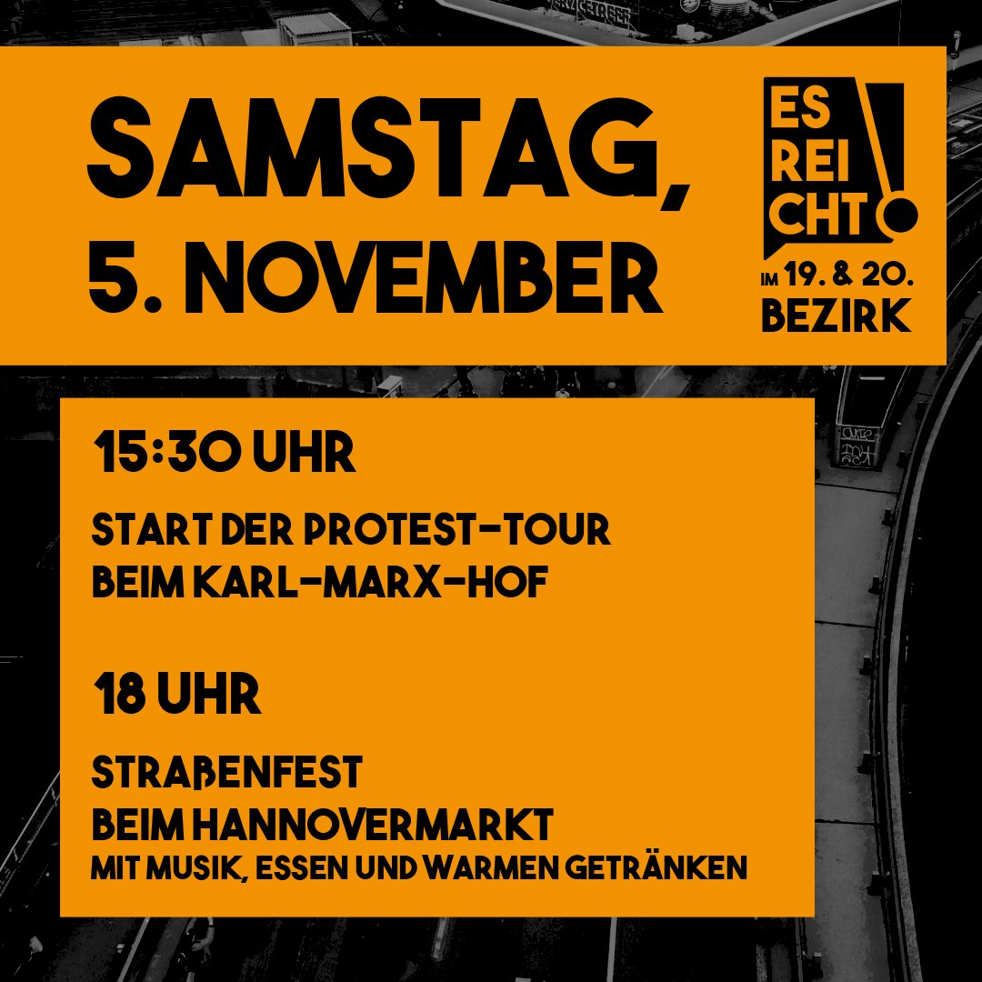 esreichtAT's tweet photo. Es Reicht! Niemand soll mit den Sorgen und Ängsten wegen Teuerung und Energiekrise alleine bleiben. Also schließen wir uns zusammen und starten eine Protesttour durch Wien.

Los gehts am 5. November im 19./20. Bezirk mit Protesttour und Straßenfest!
#esreicht https://t.co/SgnMjzb9am