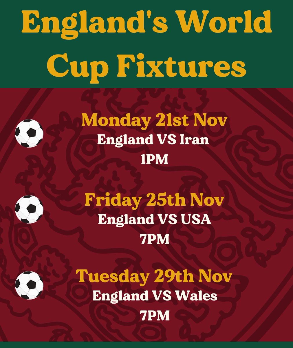 Bookings for the World Cup games are now live! Follow the link and select World Cup 2022 in the booking type section 🏴󠁧󠁢󠁥󠁮󠁧󠁿⚽️

bookings.designmynight.com/book?venue_id=…

#WorldCup2022 #WorldcupQatar2022 
#Sheffield
#WorldCupSheffield
#KeepSheffSocial