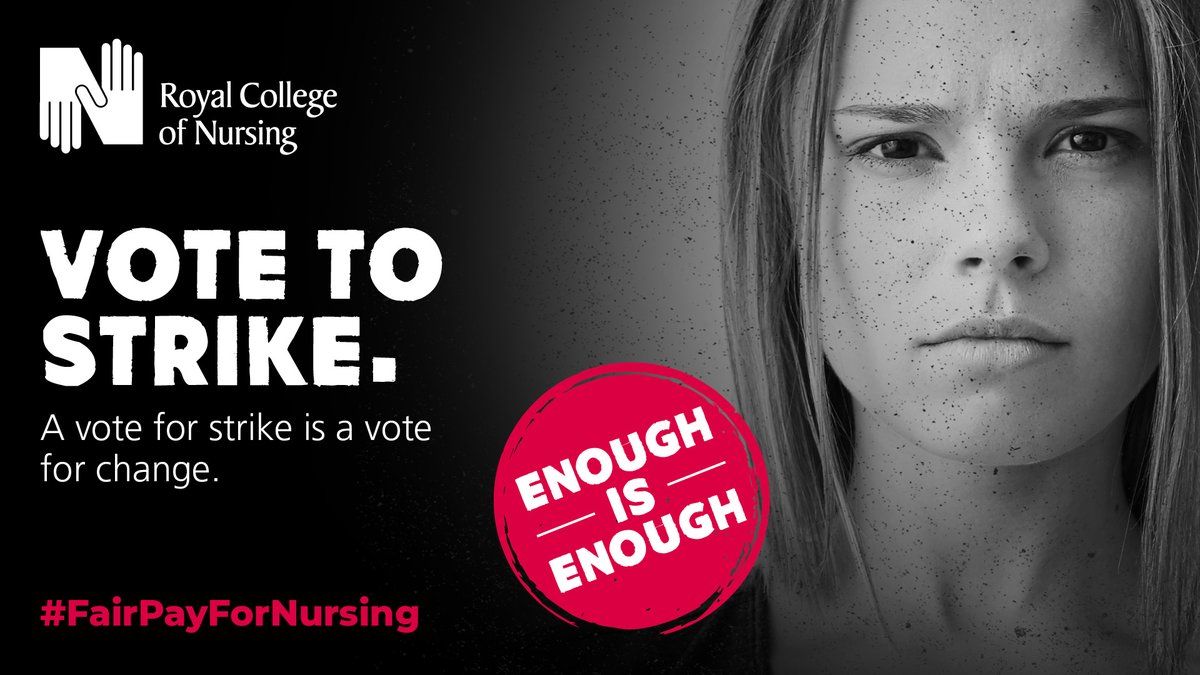 theRCN's tweet photo. “I came into nursing because I wanted to make a difference to people’s lives. 
Unsafe staffing and poor pay is forcing me to reconsider the profession I love.” 

Can you relate? 

Vote in the strike ballot to turn things around. #FairPayForNursing https://t.co/tayUKohIP0