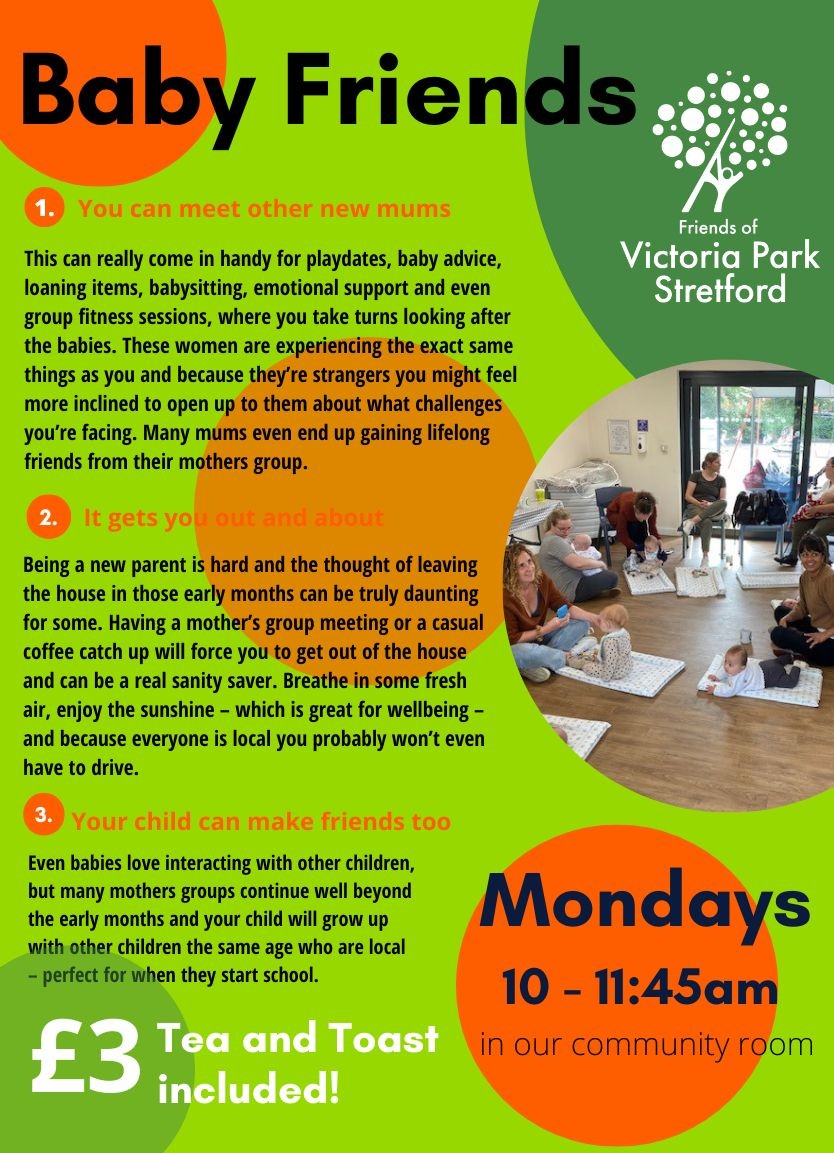 Calling all new mums! Looking for some company, support and a chance to get out and meet other mums and babies? Then pop into Victoria Park for Baby Friends every Monday morning at 10am. 
*Suitable for babies not yet crawling
#PostNatal #NewMum #BabyGroup <a href="/StretfordM32/">StretfordM32</a>