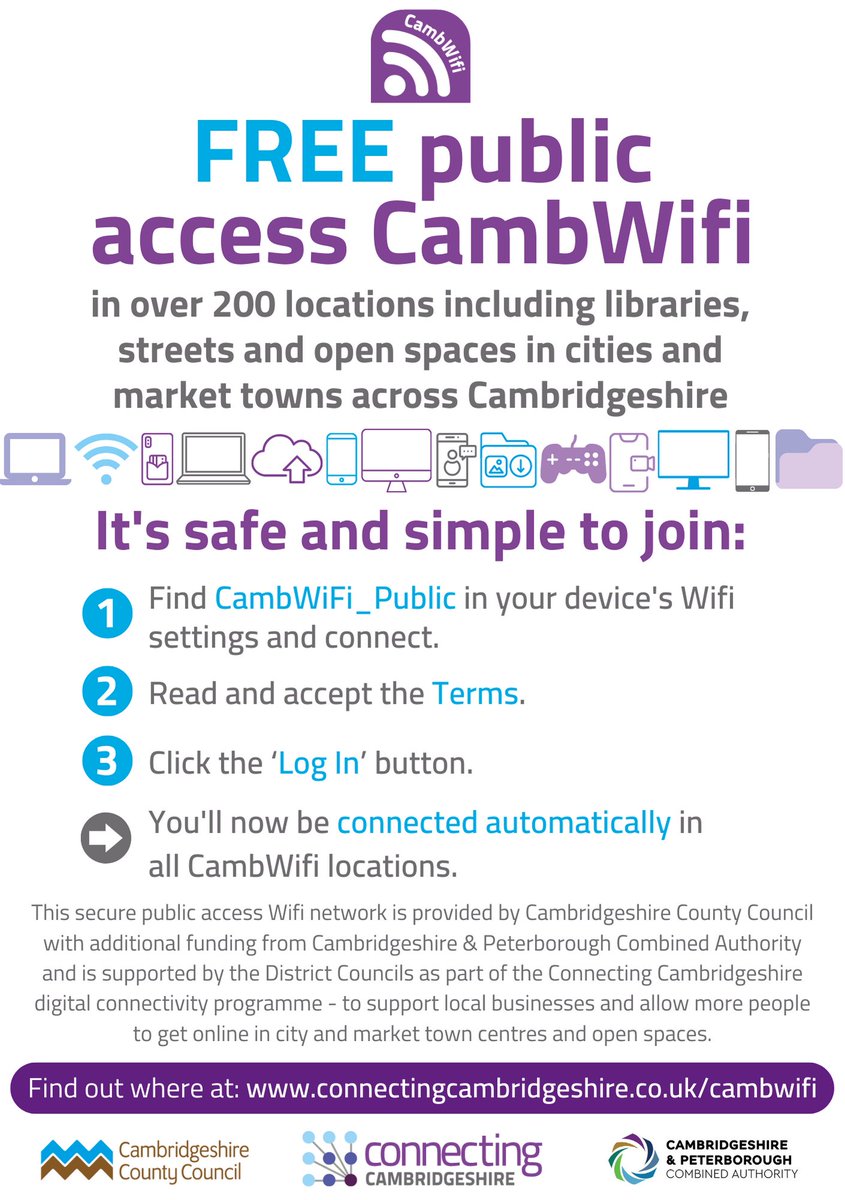 If you're out and about in Ely, Huntingdon, Littleport, Soham, St Neots, St Ives or Ramsey make sure you connect to the FREE Wifi. Simply: ✅Find CambWifi_Public ✅Accept the Terms☑️ ✅Click ‘Log In’ ➡️You'll then be connected in all CambWifi locations: orlo.uk/CambWifiWhere_…