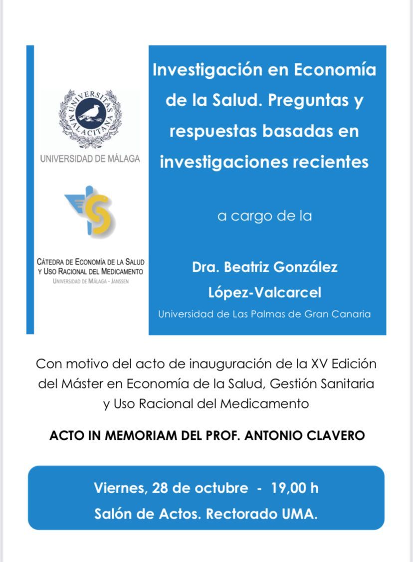 a3mes's tweet photo. Hoy se inaugura la XV edición del Máster de #EconomíadelaSalud, #GestiónSanitaria y #UsoRacionalDelMedicamento, con ponencia de la Dra. Beatriz Gónzalez López-Valcarcel sobre Investigación en #economiadelasalud Bienvenidos/as al #MESHSYURM https://t.co/gi3uvAjmFb