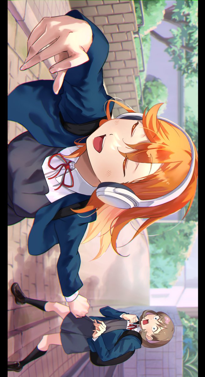 shibuya kanon yuigaoka school uniform multiple girls 2girls headphones school uniform orange hair jacket  illustration images