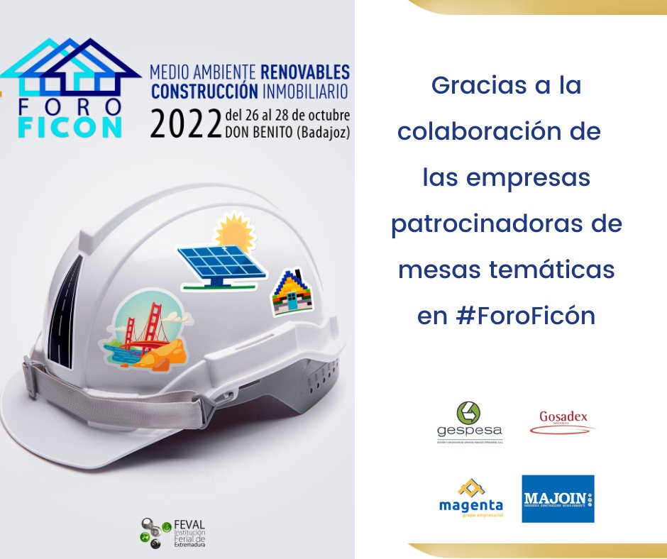 FiconFeval's tweet image. Gracias a la colaboración de las empresas patrocinadoras de mesas temáticas en #ForoFicon: 
Gespesa, Magenta, Gosadex y Majoin.  👏
@FEVAL_  #Feval #donbenito #FeriasExtremeñas 
#Gespesa #Magenta #Gosadex #Majoin.