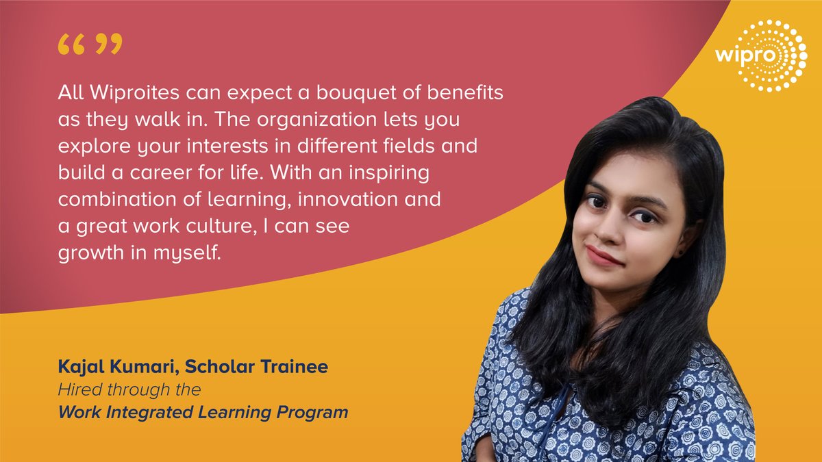 Here at @Wipro, you’ll always find opportunities to grow in the direction of your specific interests. Our Scholar Trainee Kajal Kumari enjoys being in charge of her own career growth – and you can too. Apply for our Work Integrated Learning Program: app.joinsuperset.com/company/wipro/…