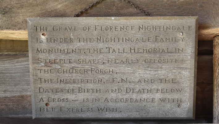 #31daysofgraves No. 28 Plaque Wooden plaque hanging in the porch of St Margaret’s Church, East Wellow, Hampshire. Directs the visitor to where the inscription for Florence Nightingale (simply “F. N.”) is located on the Nightingale family memorial in the churchyard.