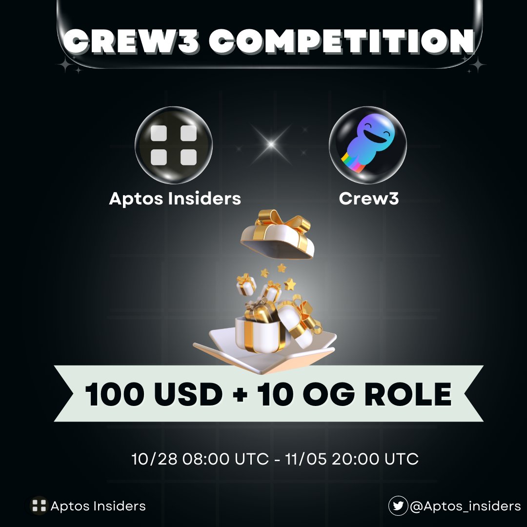😍Crew3 Aptos Insiders Competition💞

🔗aptosinsiders.crew3.xyz

1/ Follow <a href="/Aptos_insiders/">Aptos Insiders</a> &amp; @MOViE_NFTs 
2/ Like, RT &amp; Tag 3 fens

🎁Rewards: 100 USD &amp; 10 OG Role

Don't miss this great opportunity. To the #Aptos universal👇

#Aptos #Aptos_insiders #Crew3