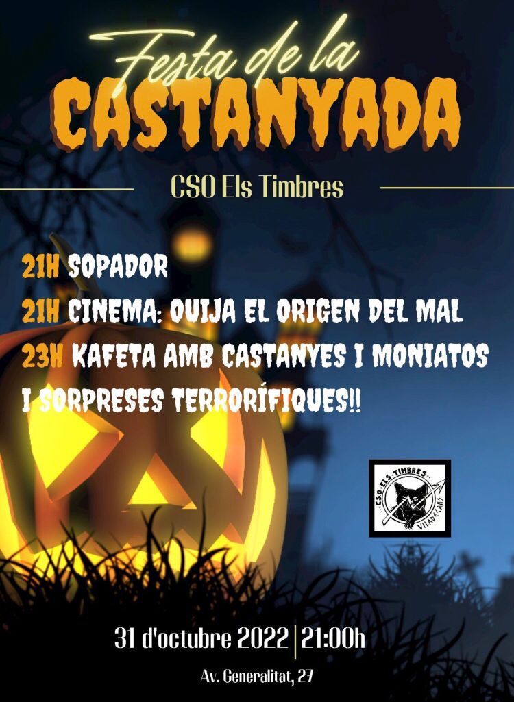 AteneuVdk's tweet photo. Dilluns a la nit celebrem la castanyada!!! Sopar + peli + barra oferta fins la matinada amb sorpresa terrorífiques!!! Ahhh!!! I castanyes i moniatos, clar!!! Us esperem al CSO Els Timbres a partir de les 21h!! 👻👻👻👻 https://t.co/Vl6yND90rQ