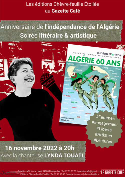 EdChevrefeuille's tweet photo. [ ÉVÈNEMENT ] 🔔
📍Gazette Café 
🗓 Mercredi 16 novembre
⏰ 20h - 21h30 
Rencontre littéraire &amp; artistique sur les 60 ans de l’indépendance de l’Algérie 🎂 🇩🇿
👉 Au programme : lectures &amp; chants, échanges avec le public et témoignages d’autrices 🎶
#rencontre #editrices #artistes https://t.co/jMqKGy62Vj