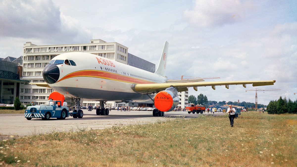 Airbus's tweet photo. On this day 50 years ago, the #A300 took to the skies🛫 for the very first time. This incredible achievement and constant design evolution across the family led to the first of many firsts that propelled #Airbus to where it is today.
https://t.co/vl078ttkkK https://t.co/vC7rMU0Ymu
