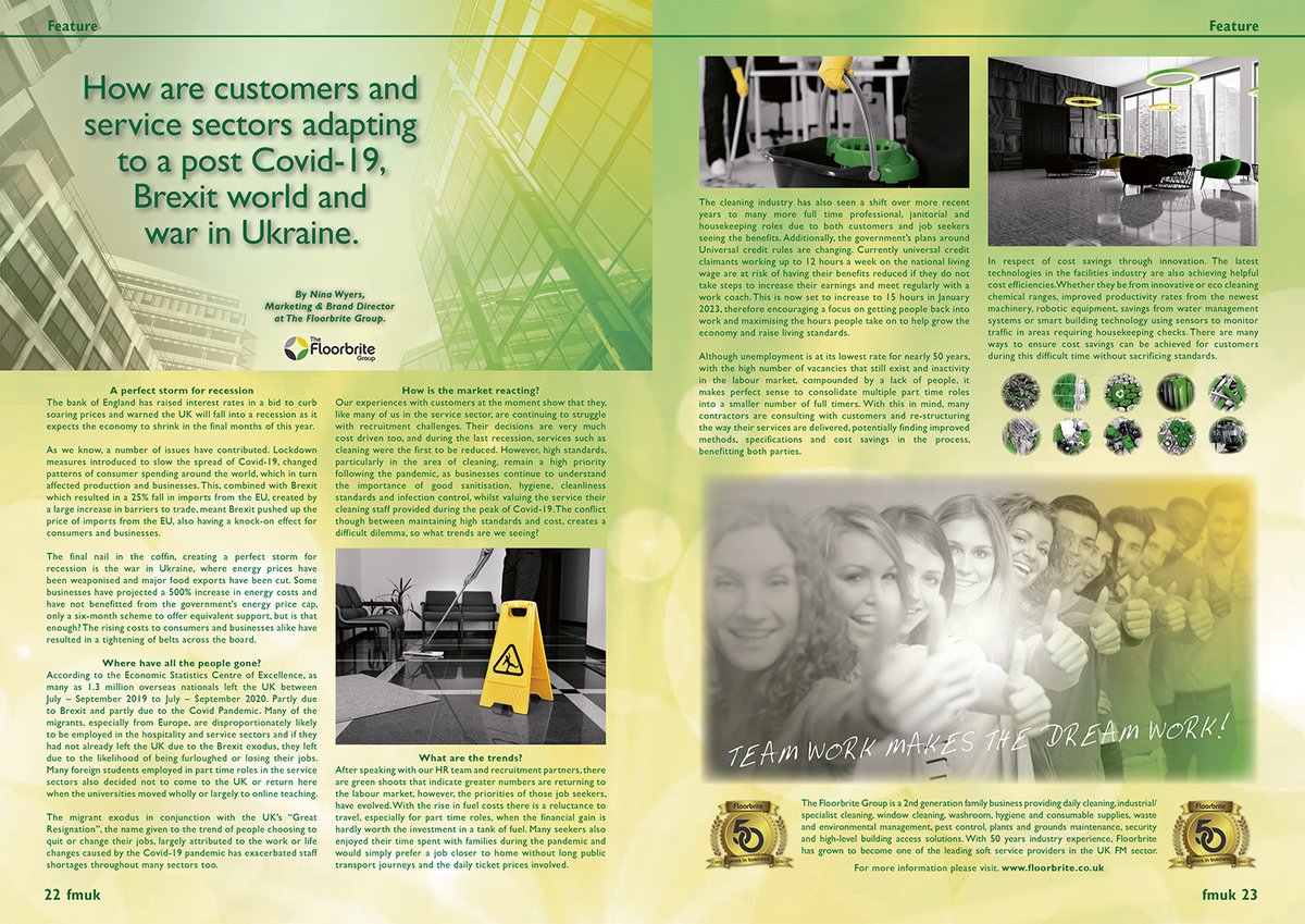 In the Oct issue of FMUK: How Are Customers And Service Sectors Adapting To A Post Covid-19, Brexit World And War In Ukraine?

By Nina Wyers – Marketing &amp; Brand Director at The Floorbrite Group.

➡️fmuk-online.co.uk/features/3397
<a href="/FloorbriteUK/">Floorbrite</a> 
<a href="/FloorbriteFM/">Nina Wyers</a> 
#facman #FacilitiesMgmt