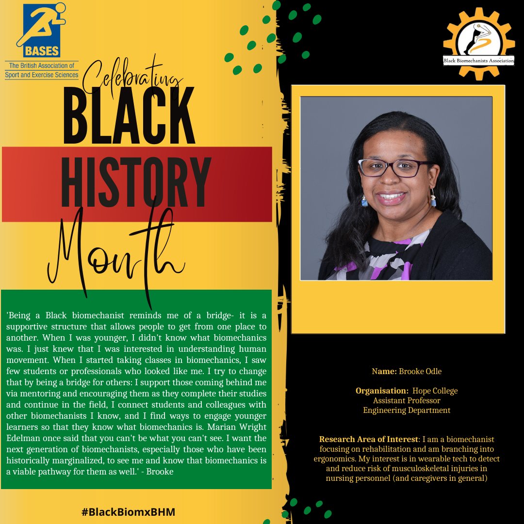 We would like to honour @BrookeOdle who is training the next generation of engineering students at Hope College. Through her work in teaching and progressing research in wearable tech; she has worked w/different students & researchers, which has enriched her work. #BlackBiomxBHM