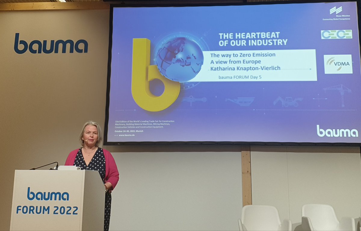 CECE_Europe's tweet photo. CECE's guest of the day Katharina Knapton-Vierlich, Head of Unit for #Construction, @EU_Growth @EU_Commission gives an overview of the ambitious carbon-neutral goals to 2030 & 2050 at #baumaForum Day 5, co-organised with @era_rental & @VDMAonline #CECEatBAUMA https://t.co/86hCsIIpXX