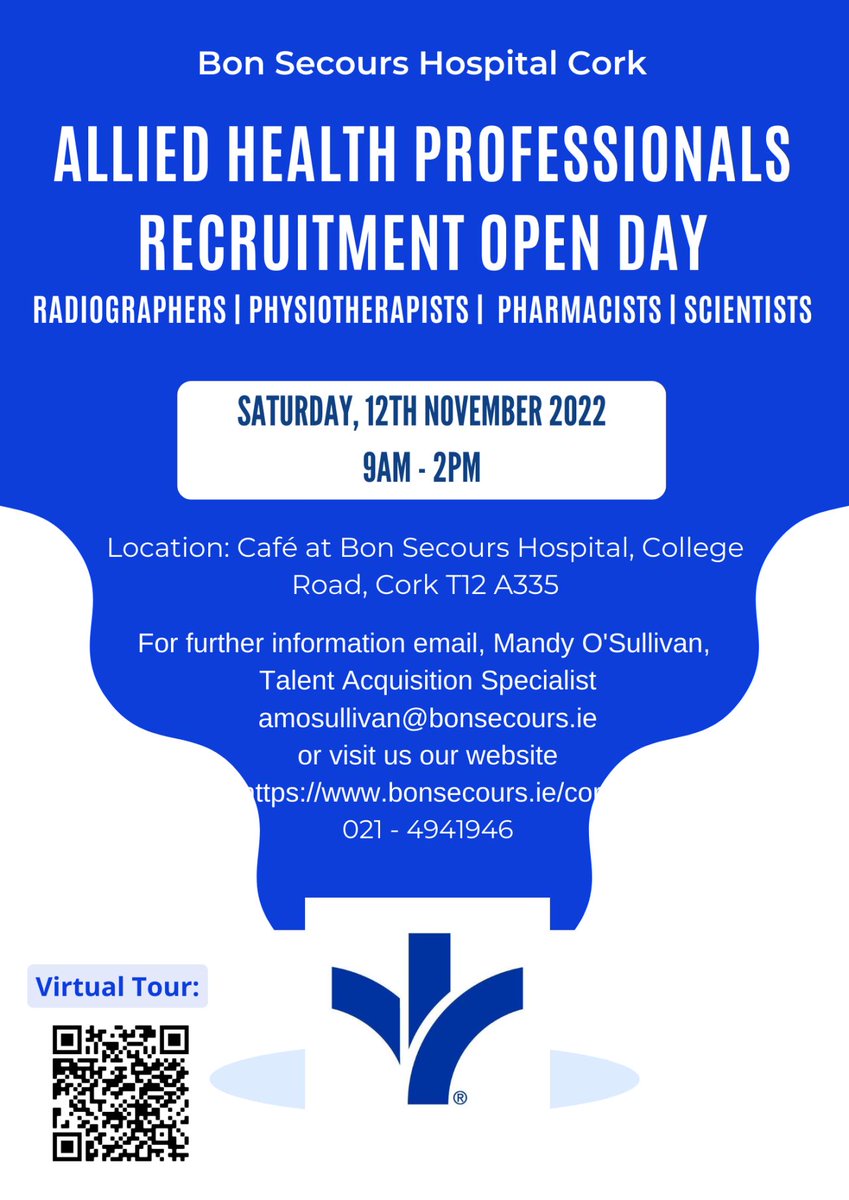BSHSIreland's tweet photo. ALLIED HEALTH PROFESSIONALS - RECRUITMENT OPEN DAY! Bon Secours Hospital Cork, Saturday 12th November 2022 9am-2pm. For information call Mandy 021-4941946 #pharmacist #physiotherapist #radiographer #sonographer #mammographer #medicalscientist #pharmaceuticaltech #physioassistant https://t.co/IjFYPzYwSi