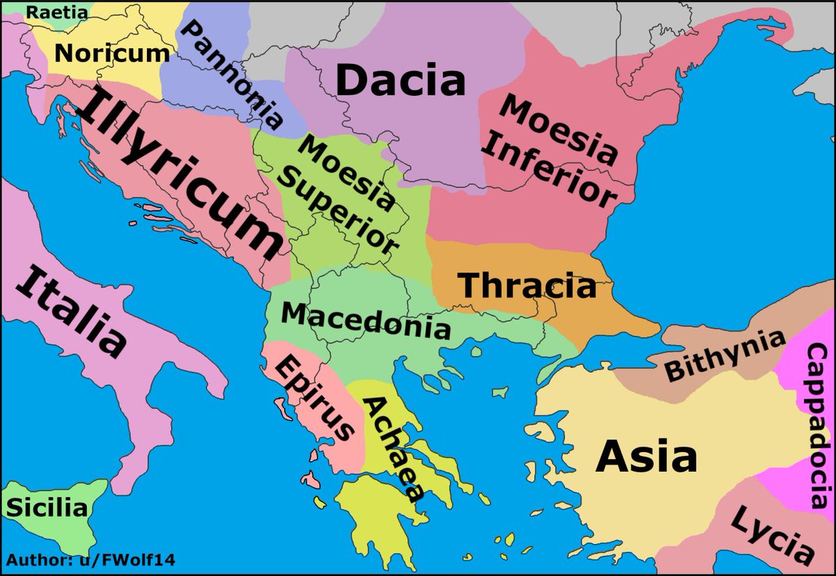 Modern borders in the Balkans over Roman provinces in 117 AD.