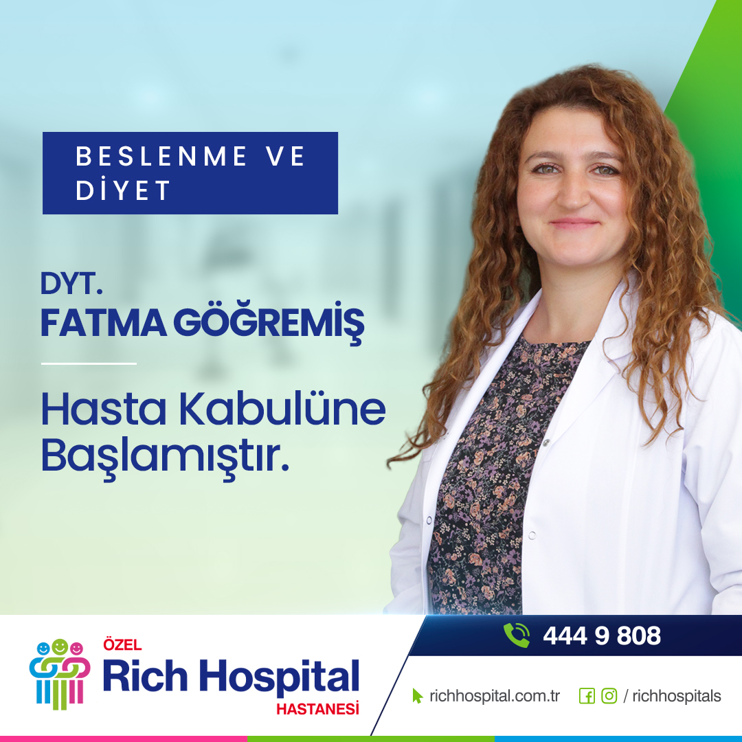 Diyetisyen Fatma Göğremiş, Beslenme ve Diyet birimlerimizde hasta kabulüne başlamıştır. Detaylı bilgi ve randevu için: 4449808 - richhospital.com.tr #diyetisyen #beslenmevediyet #richhospital