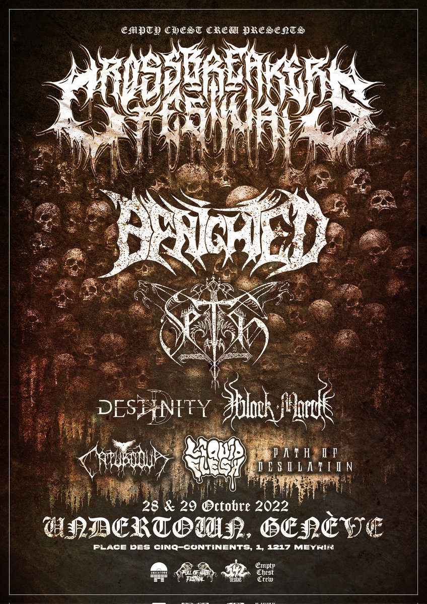 Jour J ! 🔥 
Running order du week-end : 

🕯 Vendredi 28 🕯
21h00 Catubodua 
22h00 BLACK MARCH 
23h05 <a href="/SETHblackmetal/">SETH</a> 

💀 Samedi 29 💀
21h00 Path of Desolation 
21h50 <a href="/liquid_flesh/">Liquid Flesh</a> 
22h50 <a href="/DESTINITY66/">DESTINITY</a> 
23h50 <a href="/_BENIGHTED/">B E N I G H T E D</a> 

Billetterie :
petzi.ch/events/49749/

À ce soir ! 🎃