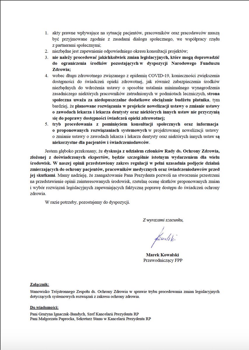 @Federacja_PL zwróciła się do Prezydenta RP o zwołanie posiedzenia Rady ds. Ochrony Zdrowia oraz dyskusję w sprawie zagrożeń związanych ze zmiana zasad finansowania ochrony zdrowia. Założenia projektu @MZ_GOV_PL są rażąco niezgodne z inicjatywami Pana Prezydenta w tym obszarze.