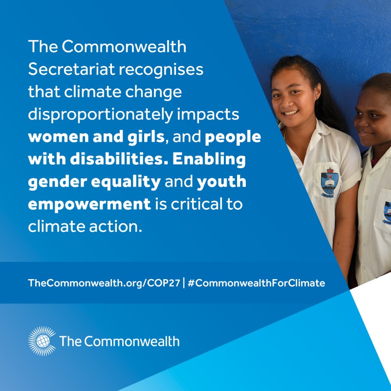 commonwealthsec's tweet photo. We recognise that climate change disproportionately impacts women and girls, and people with disabilities. 

‼️ Gender equality
‼️ Youth empowerment, and
‼️ Climate justice

are critical to a just transition to a safer planet for all.

#CommonwealthForClimate #CommonwealthGender