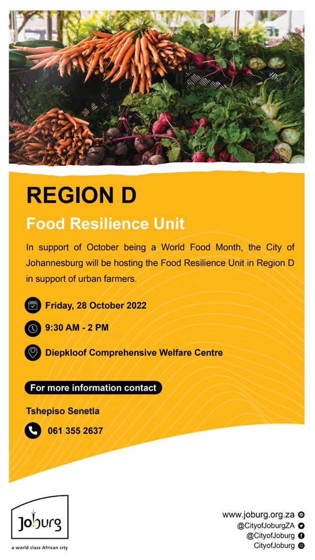 CityofJoburgZA's tweet photo. For more information about today's activities, contact Tshepiso Senetla ๐๐พ #FarmersMarketDay #JoburgCares #KnowYourJoburg #WorldFoodMonth ^GZ https://t.co/HByIbBn7xx