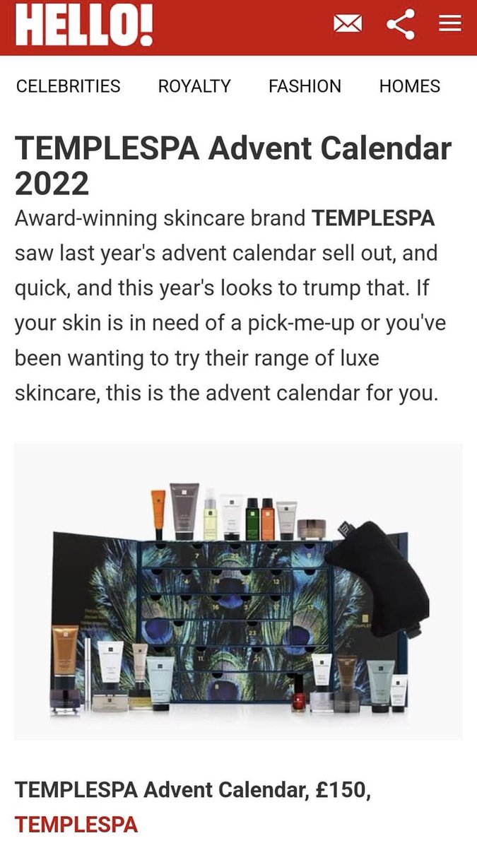 signorinagg's tweet image. Our beautiful TempleSpa advent calendar featured in Hello Magazine, contains £300 worth of products. Retailing at £150, DM me by 31/10 to get yours for £100! Plus get a free Purification Mask worth £30 while stocks last! That’s £330 of products for £100!❤️TempleSpa.com/Giovannagrossi